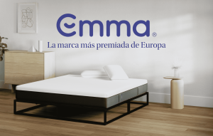colchón Emma, con su logo y con el texto que dice "la marca mas premiada de europa"